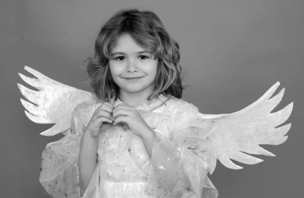 Kid Wearing Angel Costume White Dress Feather Wings Innocent Child — Stock Photo, Image