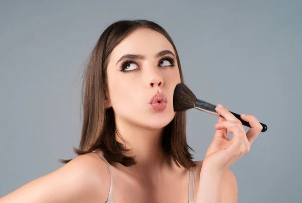 Portrait Funny Beautiful Young Girl Makeup Blusher Brush Bright Make — Stockfoto