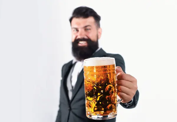 Man Hand Hold Cup Glass Beer Selective Focus Celebration Oktoberfest — Stock Photo, Image