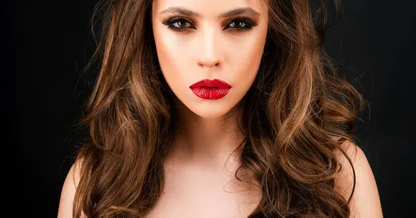 stock image Elegant Fashion Model. Red lips, dark eyes makeup. Cosmetics products