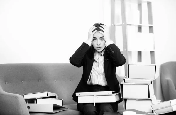 Sadness Depressed Businesswoman Folders Documents Frustration Secretary Girl Stressed Employee — Stock Photo, Image