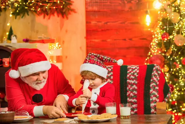 Christmas Child Bakery Happy Grandfather Son Santa Hat Make Christmas — Stock Photo, Image
