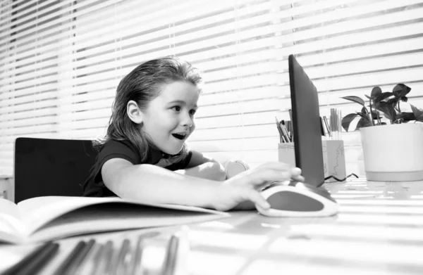 Amazed School Boy Using Laptop Preparing Homework Happy Pupil Doing — Stockfoto