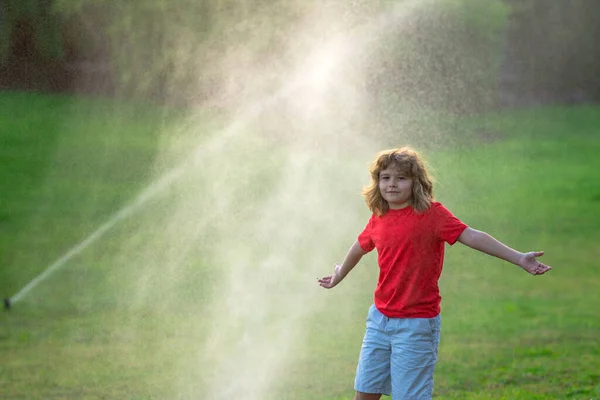 Child play near automatic sprayers in the garden. Watering in the garden. Kid freshness of nature. Automatic lawn sprinkler watering grass. Garden irrigation system watering lawn. Sprinkler system