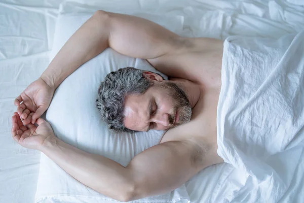 Male Sleeps Pillow Gray Hair Man Sleep White Bed Senior — Stock Photo, Image