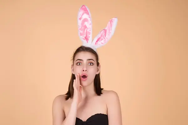 Woman Bunny Ears Easter Eggs Easter Bunny Isolated Studio Background — Foto de Stock