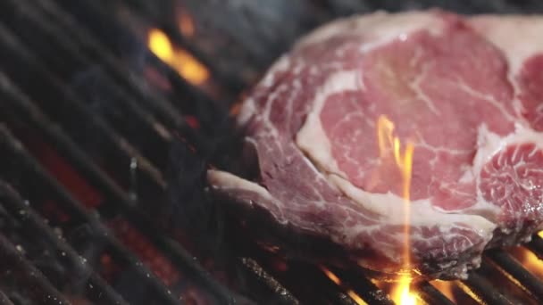 Gegrild Vlees Met Vuur Geroosterd Vlees Met Vuurvlammen Rundbiefstuk Grill — Stockvideo