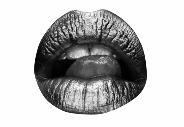 Gouden Lippen Gouden Lipgloss Sexy Lippen Metalen Mond Schoonheidsvrouw Make — Stockfoto