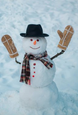 Güneşli kış gününde mutlu gülümseyen kar adam. Snowmen. Mutlu kış zamanı. Kardan adam ve kar günü. Kış şapkalı kardan adam beyefendisi. Sevimli kardan adamlar kış Noel manzara ayakta