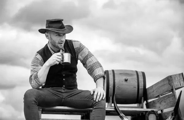 Portrait Farmer Cowboy Holding Cup Coffee Tea Outdoor — Stock Photo, Image