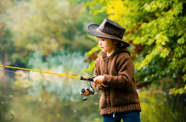 Kids Fishing Mountain Lake Autumn — Stock Photo, Image