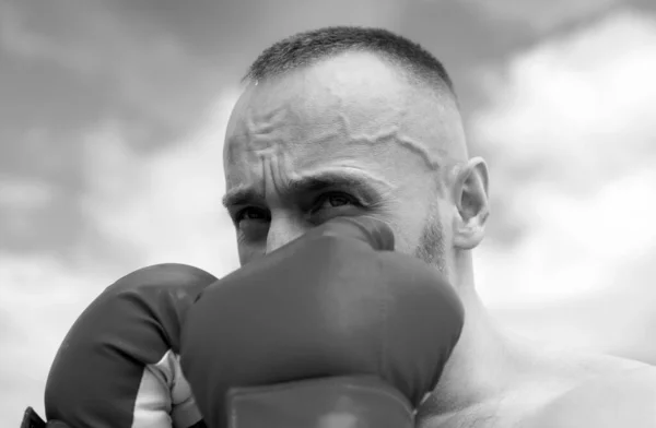 Muscular kick boxer or muay thai fighter punching. Closeup portrait of Kickboxing fighter in boxing gloves hitting shadow, training for competition