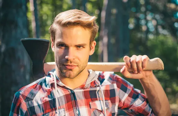 Handsome Young Man Beard Carries Tree Handsome Woodworkers Lumberjack Plaid — Stock Photo, Image