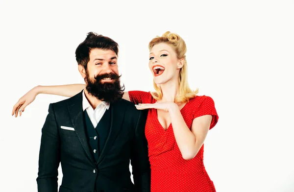 Beautiful Woman Luxury Hairstyle Wearing Red Dress Handsome Bearded Man — Stock Photo, Image
