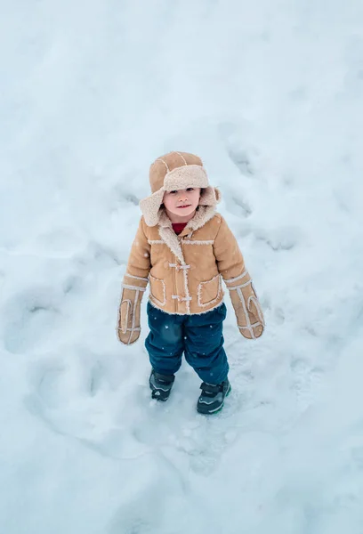冬天的肖像画圣诞佳节主题 冬天的孩子可爱的孩子在寒冷的冬季公园 雪园里儿子的冬日画像 — 图库照片