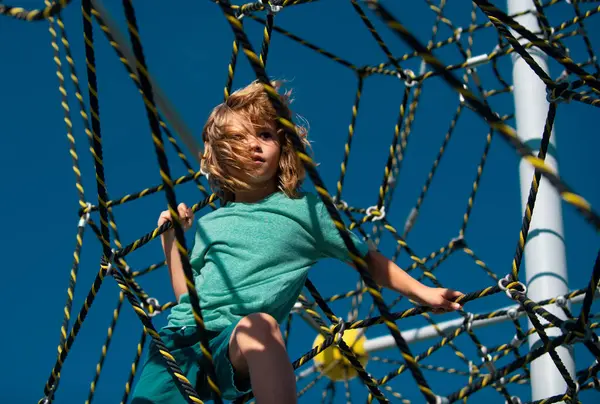 Portrait Cute Boy Child Doing Rock Climbing Playbackground Kids Rope — Stock Photo, Image