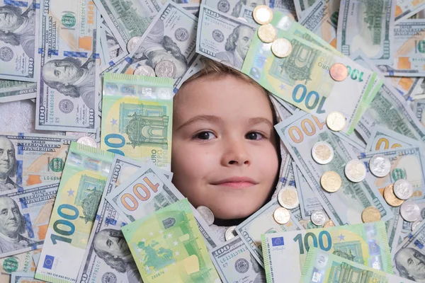 Euro Dollar Concept Funny Kids Face Money Dollars Banknotes Background — Stock Photo, Image