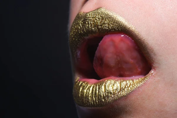 Sexy Tongue Licking Lips Sensual Woman Mouth Sexy Girl Golden — Stock Photo, Image