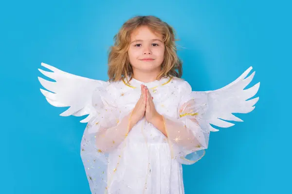 祈りの手 希望と祈りの概念を持つ天使の子供 孤立したスタジオショット 天使の翼を持つかわいい子供 キューピッドバレンタインデーのコンセプト ストック写真