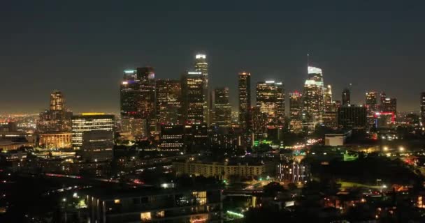 Nachtzicht Vanuit Lucht Het Centrum Van Los Angeles Skyline Financial — Stockvideo