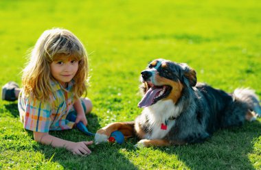 Mutlu çocuk ve evcil köpek arka bahçede oynuyorlar. Dışarıda sevimli bir çocuk ve köpek yavrusu var.