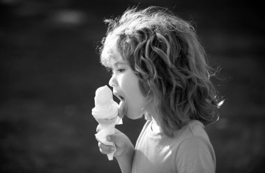 Dondurma yiyen küçük şirin bir çocuğun portresini yakından çek. Çocukluk kavramı
