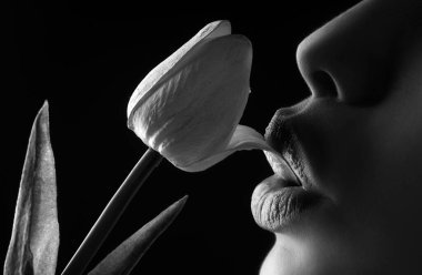 Sexy lesbian foreplay. Lip with tulip flower. Blowjob and kiss. Sexy female mouth and spring flower. Oral sex concept