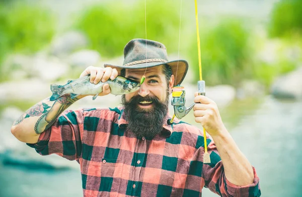 Fishing Hobby Summer Weekend Funny Bearded Men Fisher Fishing Rod — Stock Photo, Image