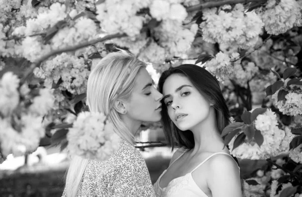 Junge Mädchen Und Frühlingsblumen Porträt Zweier Schöner Junger Frauen Die — Stockfoto