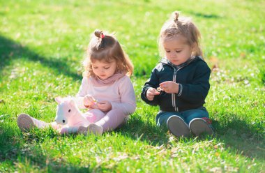Yaz tarlasında tatlı bir oğlan ve kız. Şirin bebekler yaz mevsiminde yeşil çimlerde otururlar. Doğadaki küçük komik çocuk. Mutlu Çocukluk