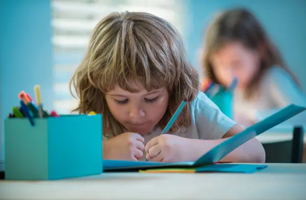 School Kid Writing Something Copybook Sitting Table Classroom Back School — Stock Photo, Image