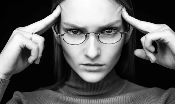 Overthinking. Woman brainstorm. Smart girl in glasses. Business thinking analyse