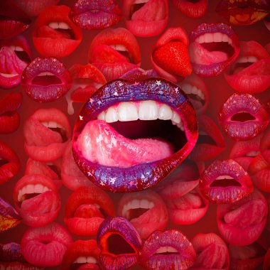 Lips and mouth. Female lip in red background. Woman lips