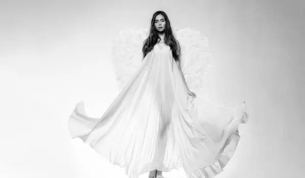 Valentines Day Costumes Concept Young Woman Angel Costume Angel Gift — Stock Photo, Image