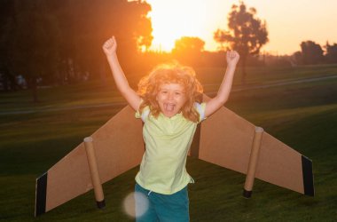 Harika heyecanlı çocuk çimenli yaz tepesinin dışında, güneşli, altın renkli gökyüzü arka planında oyuncak uçakla oynuyor. Mutlu gelecek konseptini hayal ediyorum. Çocukların yüz ifadesi