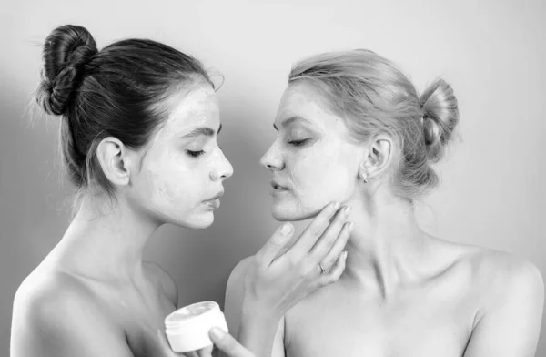 Healthy Two Beautiful Females Face Mask Take Care Each Other — Stock Photo, Image