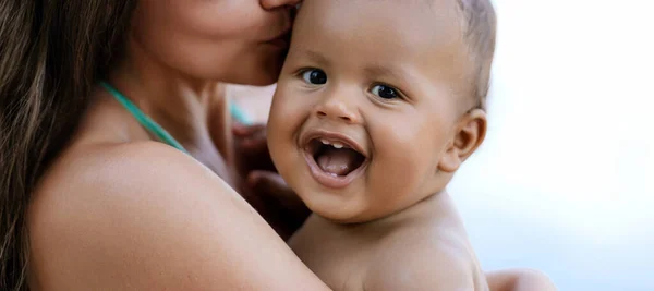 Close Portrait Mother Hugging Multiracial Baby Mom Hug Biracial Child — Stock Photo, Image