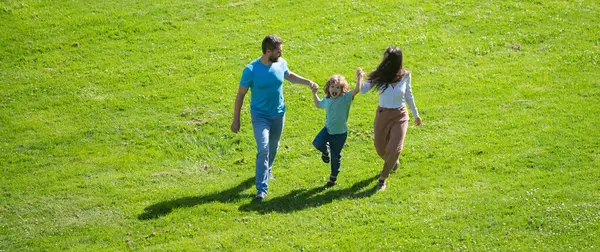 Family Three Spring Banner Father Mother Son Running Park Beauty — Stock Photo, Image
