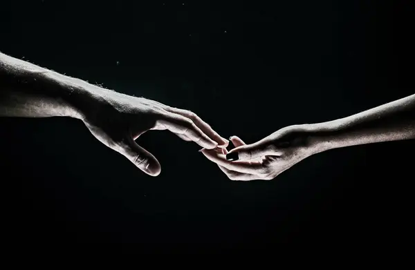 Two Hands Stretch Each Other Black Background Couple Love Holding — Stock Photo, Image