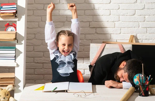 Tired Teacher Excited Pupil School Girl Stressed Work School Educator — Stock Photo, Image