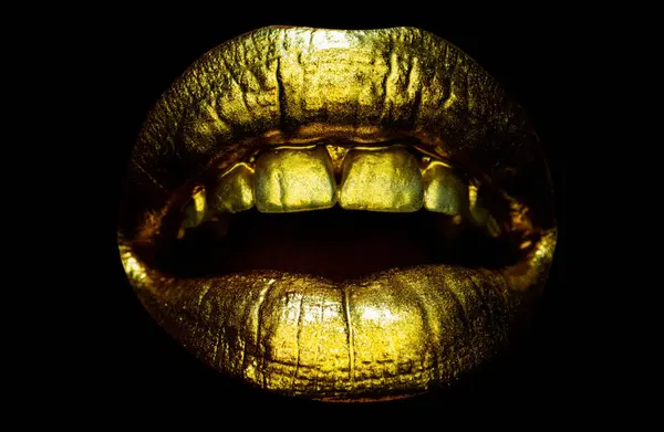 Abre Boca Cierra Sensual Mujer Labios Dorados Labio Oro Natural —  Fotos de Stock