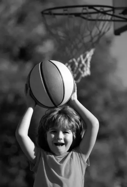Cute Smiling Boy Plays Basketball Active Kids Enjoying Outdoor Game — Stock Photo, Image