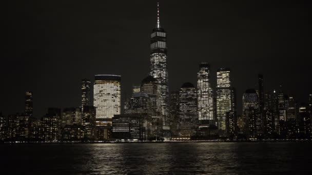 Nyc New York City Skyline Hudson River Skyscrapers Night Time — Stock Video