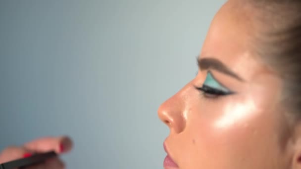 Artista Maquillaje Profesional Trabajando Con Una Hermosa Mujer Joven Primer — Vídeos de Stock
