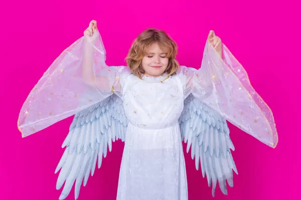 爱情和情人节的象征 情人节贺卡 情人节贺卡 小瓦伦丁做梦 情人节快乐 可爱的小女孩穿着天使的服装 有天使翅膀的小孩孤立的工作室拍摄 有趣的天使 — 图库照片