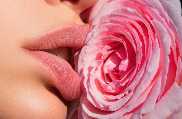 Labios Con Lápiz Labial Cerca Mujer Sexy Besando Flor Rosa —  Fotos de Stock