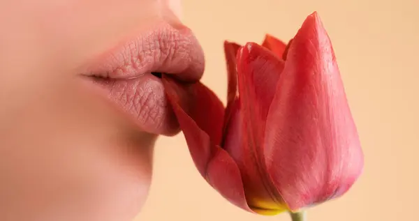 Closeup sensual lips. Woman mouth. Sexy plump lip lipstick