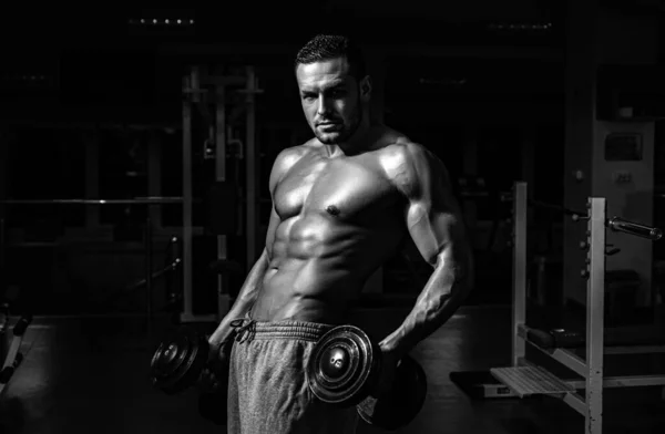 Bodybuilder Gym Training Workouts Dumbbells Exercises Sportsman Naked Torso Sporty — Stock Photo, Image