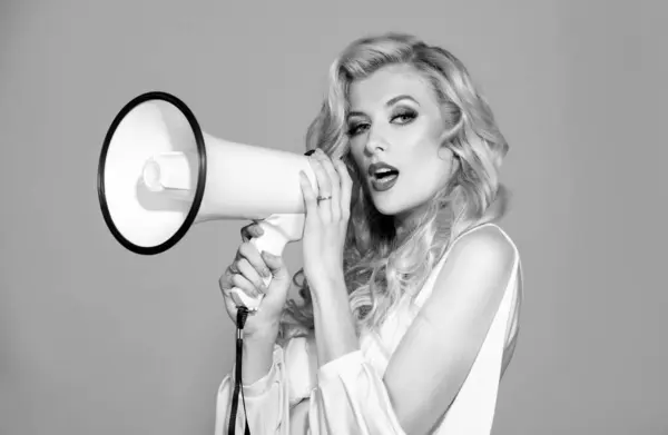 Speaking Loudly Megaphone Attractive Woman Megaphone Shout Scream Girl — Stock Photo, Image