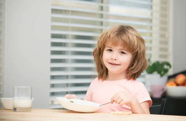 Portrait Cute Child Eating Soup Meal Breakfast Having Lunch Table — Stock Photo, Image